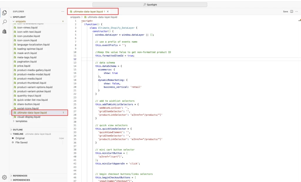 Creating a new code snippet named ultimate-data-layer in Shopify theme editor to fix tracking.
