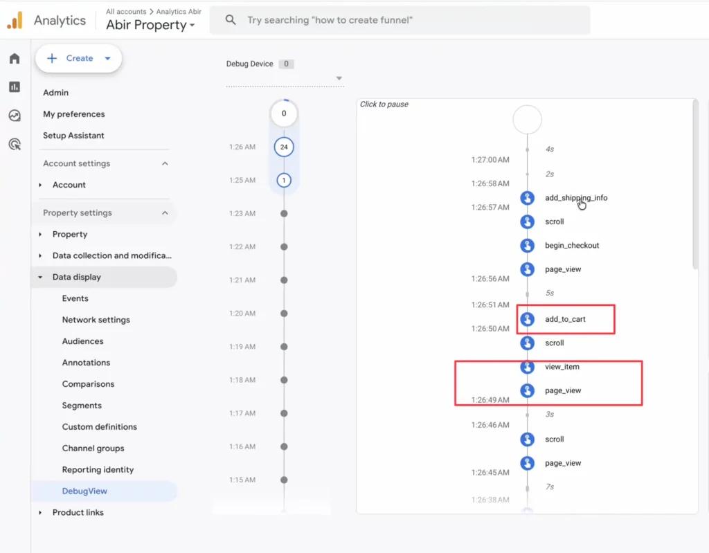 Verifying shopify ecommerce tracking ga4 using the DebugView tool