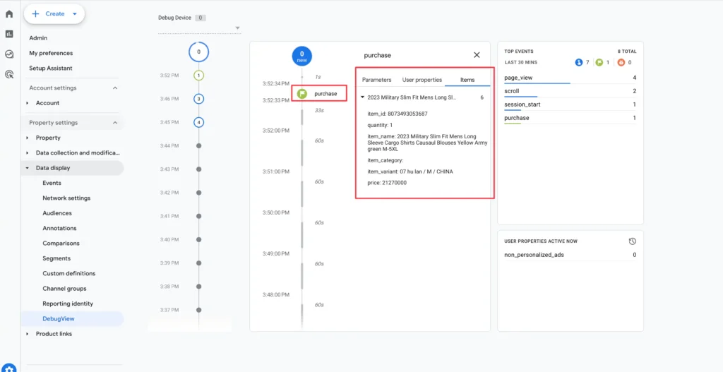 Verifying a successful purchase event and revenue data in Google Analytics 4 DebugView mode.
