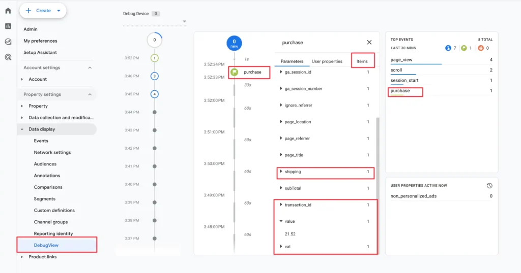 Verifying shopify ecommerce tracking ga4 using the DebugView tool.