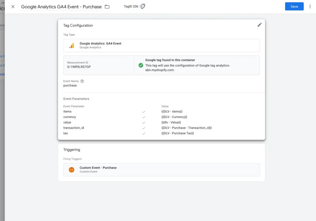 Configuring the purchase event for complete google analytics ga4 ecommerce tracking on shopify with google tag manager.