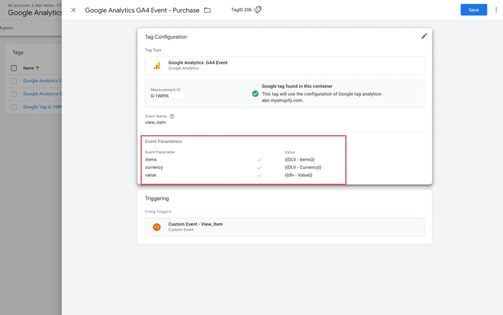 Detailed setup of ga4 ecommerce tracking tag manager for view item events.