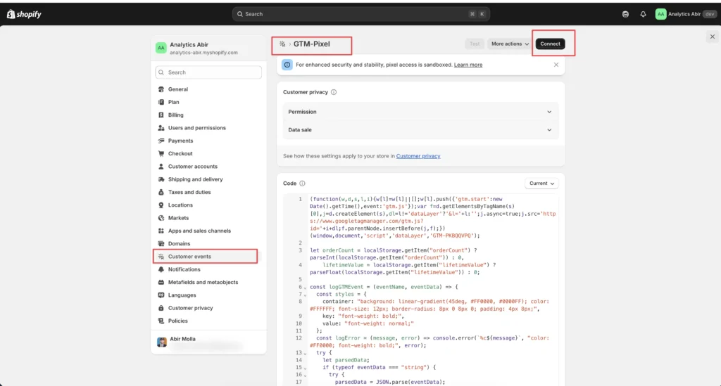 Screenshot showing how to add a custom pixel for Shopify ecommerce tracking ga4